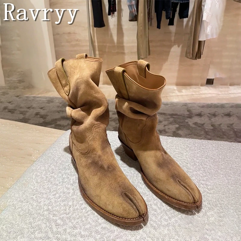 

Fashion Split Toe Mid Calf Boots Retro Western Cowboy Pleated Tabi Boots for Women Winter Square Low Heel Ladies Knight Boots