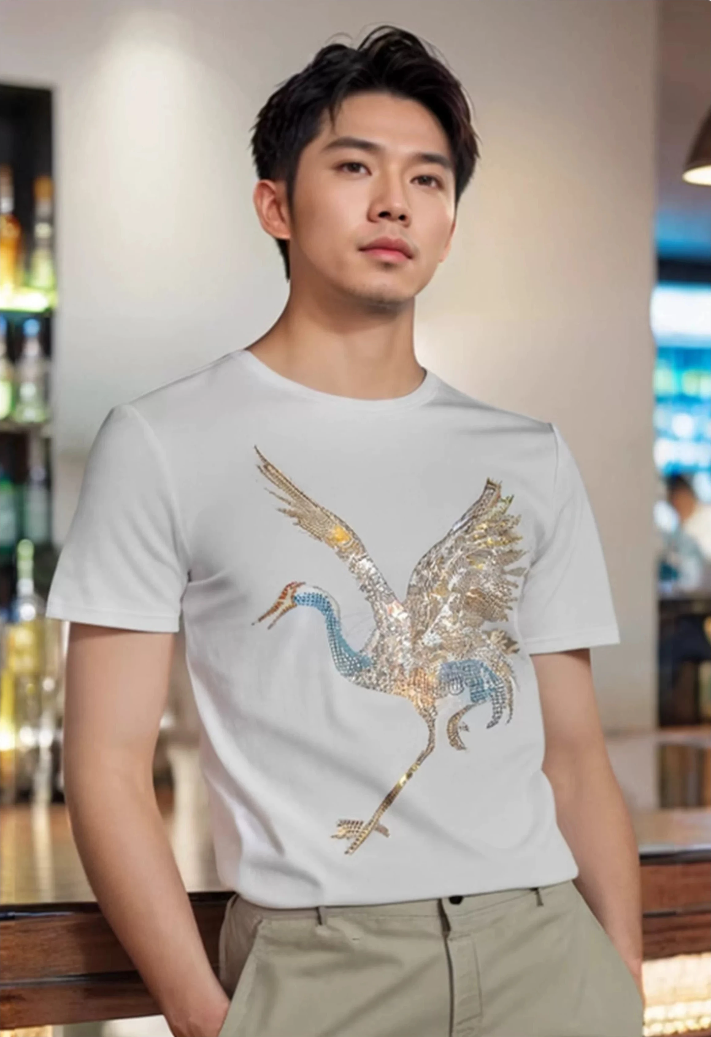 2026 Summer New Chinese Style Men Shiny Crane Rhinestone Black White Casual Short Sleeve Streetwear Round Neck T-Shirt