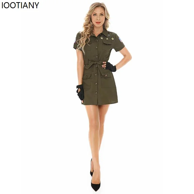 

Косплей Хэллоуин, костюм для косплея американской полиции, женский зеленый костюм женщины-полицейского, армейское платье, праздничное платье с поясом, перчатки, карнавальный Sta