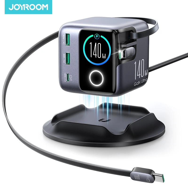 Carregador de Mesa Joyroom 140W GaN USB C e USB A com Display Inteligente e Cabos Retráteis para Celulares, Tablets e Laptops