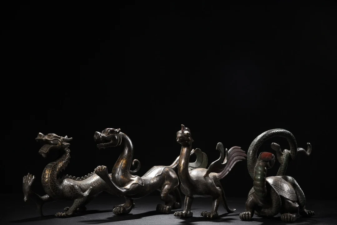 티베트 신전 컬렉션 올드 브론즈, 시나바, 머드 골드, 네 개의 신성 짐승, 드래곤 타이거, zhuque xuanwu, 조각상 세트, 타운 하우스, 11 인치