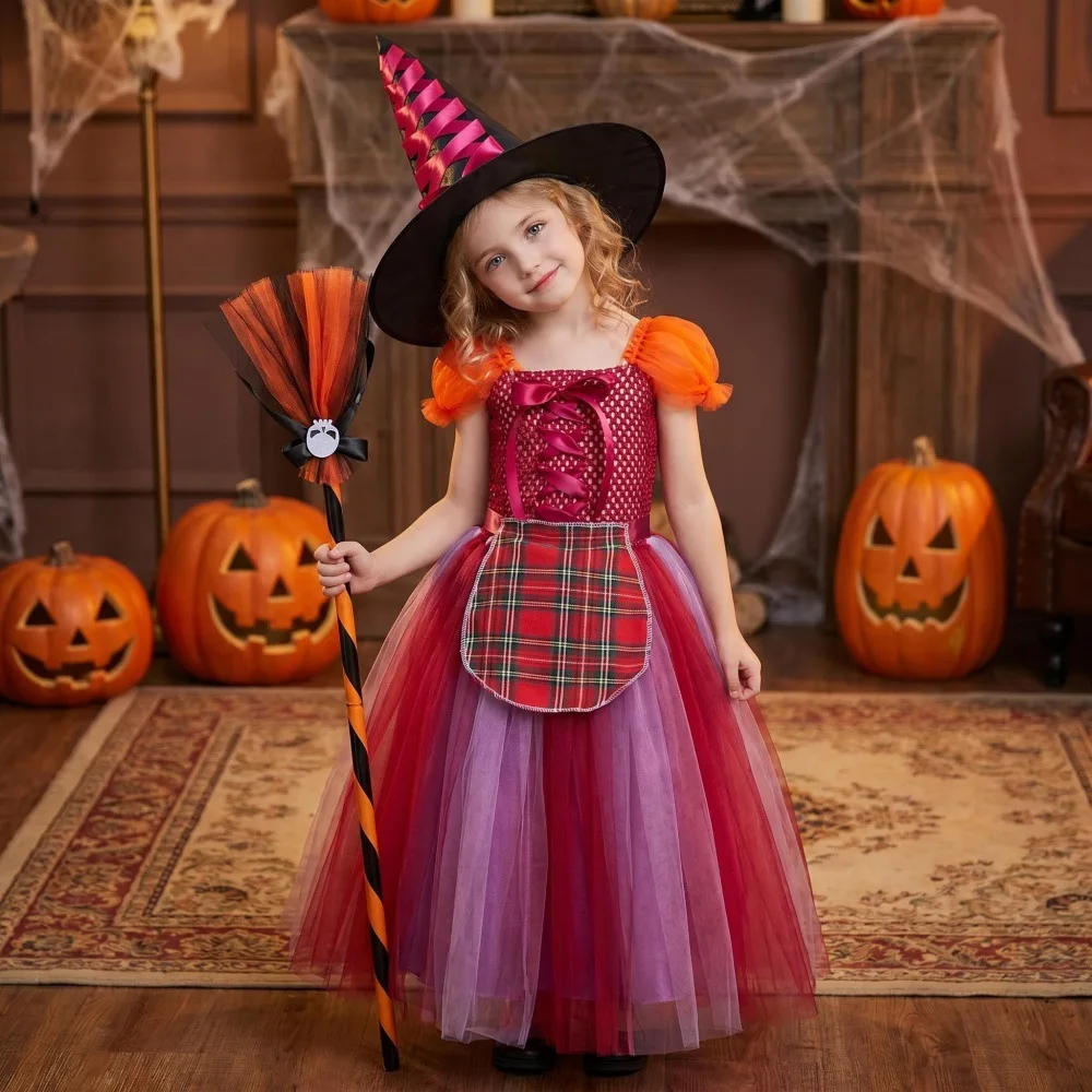 Magic Witch Halloween Puff Sleeve Tulle Tutu Dress Halloween Party Fancy Dress Carnival Stage Performance Role Play Clothing Set