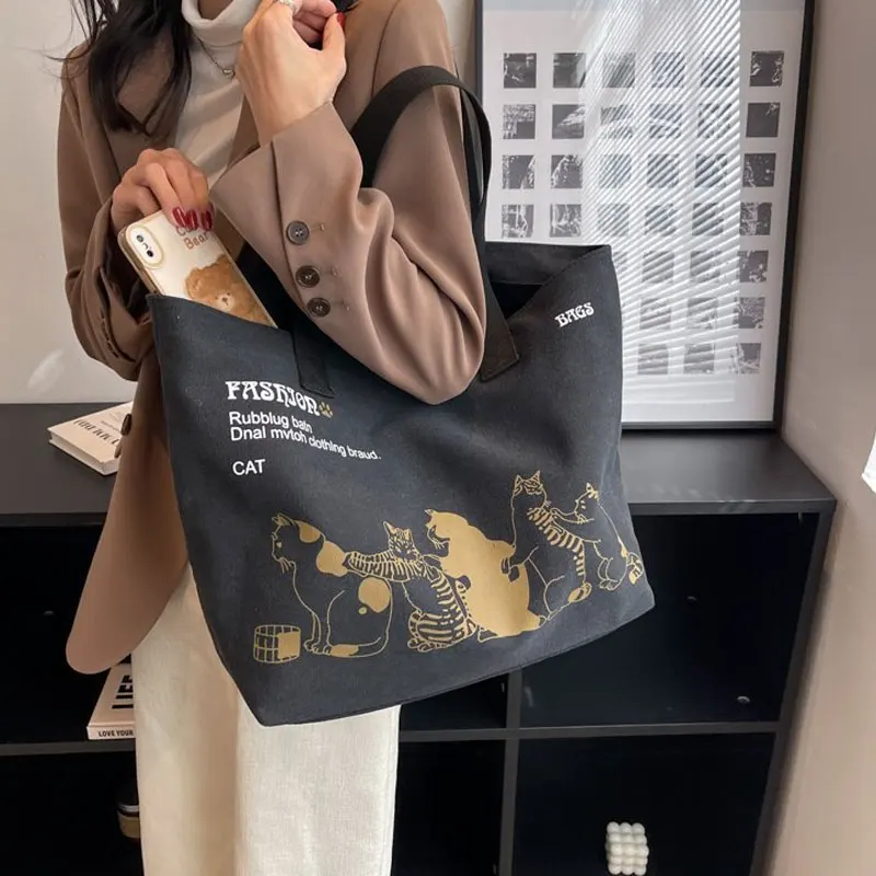 Women Canvas Tote Bag Print Cat Animal Shopper Shoulder Bag Casual Designer Large Capacity Travel GroceryHand Schoolbag Dropship