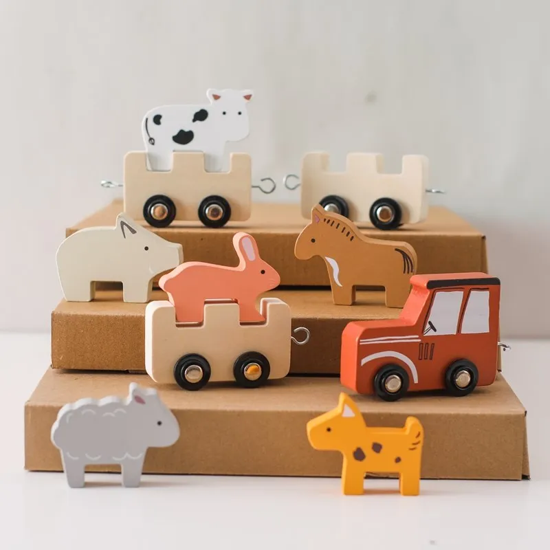 Baby Wooden Train Building Blocks Farm Animals Stacking Educational Toys Children Montessori Stacker Toys for Children Gifts