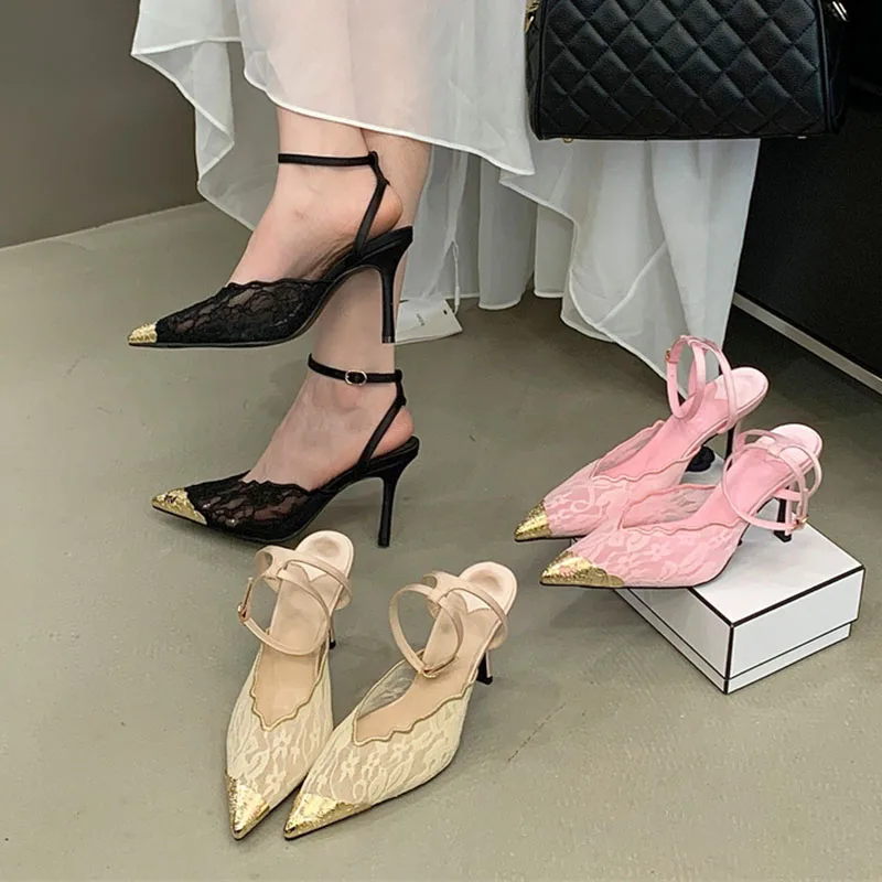 Female New Footwear Heels Women Pumps Shallow Shoes Pointed Toe Fashion Metal Buckle Strap Ladies Thick Heels Shoes