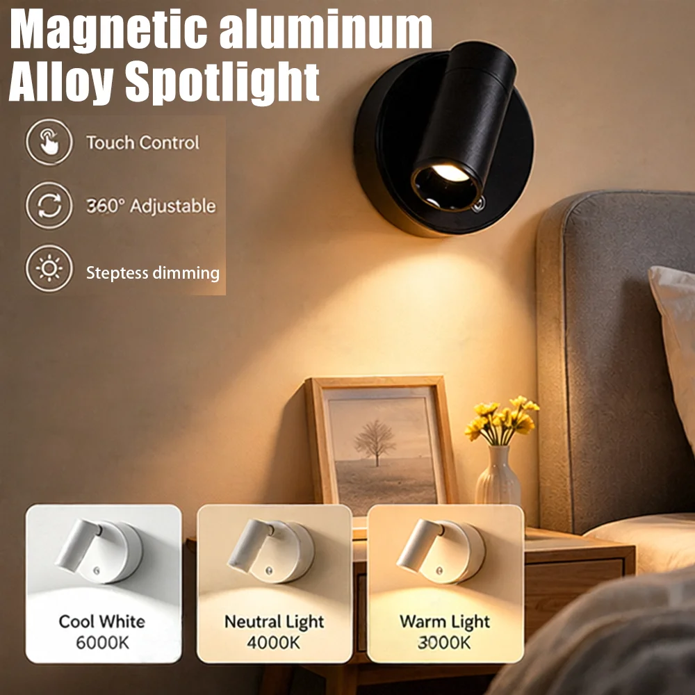 Rechargeable LED Wall Lamp Touch Night Lights Aluminium Magnetic Spotlight 360° Rotation for Bedroom Bedside Reading Lighting