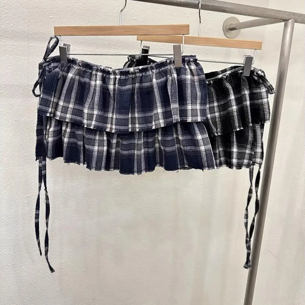 레트로 더블 레이어 격자 무늬 짧은 스커트 한국어 a 라인 레이어드 스커트 Y2K 앞치마 랩 스커트 봄 새로운 넥타이 매운 소녀 앞치마 새로운