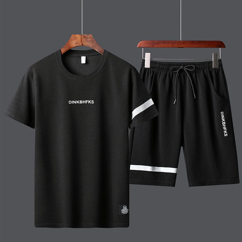 Summer Men Casual Tracksuit Letter Graphic Short Sleeve Tee + Striped Shorts Set Drawstring Loose Daily Wear Athletic Sport Suit