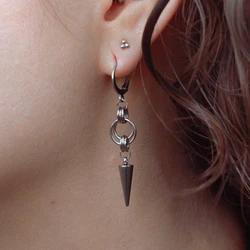 Short Double Ring Hanging Earrings with Spike Pendant Silver Gothic Punk Grunge Style Spike Hoop Earrings | Stainless Steel