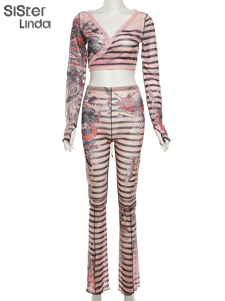 Sisterlinda Dragon Stripes Print 2 Piece Sets Women Full Sleeve Sexy See Through Wrapped Bandage Tops+Fit Pants Matching Outfits