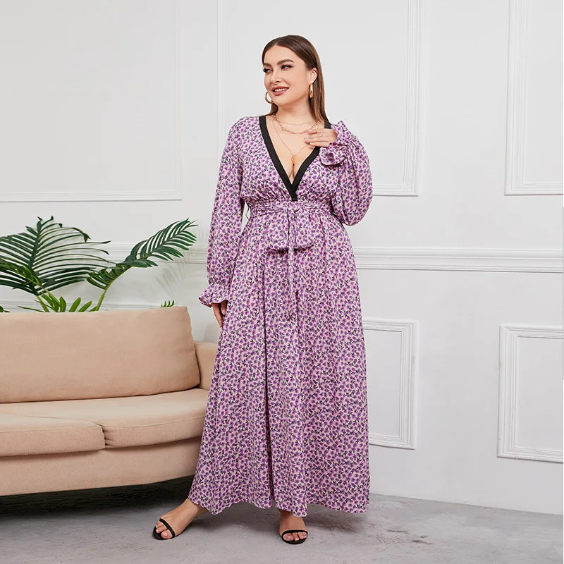 

Plus Size 4XL Fashion Leopard Print Long Sleeve Maxi Dresses for Women V-Neck Belted Party Gown Muslim Abaya Chiffon Robe Caftan