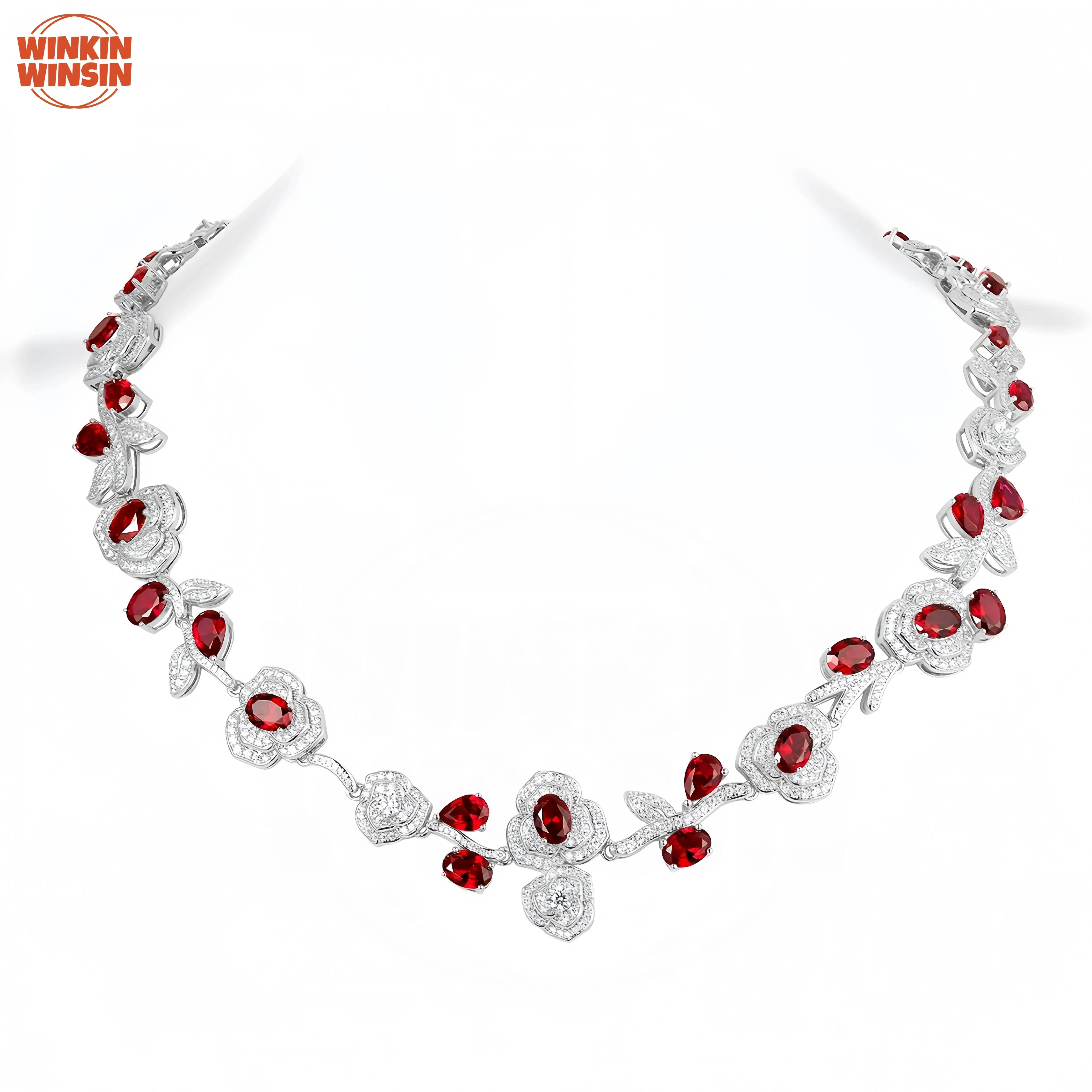 

Winkin Winsin Luxury Ruby Pendant Chains Necklace High Carbon Diamond Pigeon Blood Red Oval 925 Silver Wedding Bride Necklaces