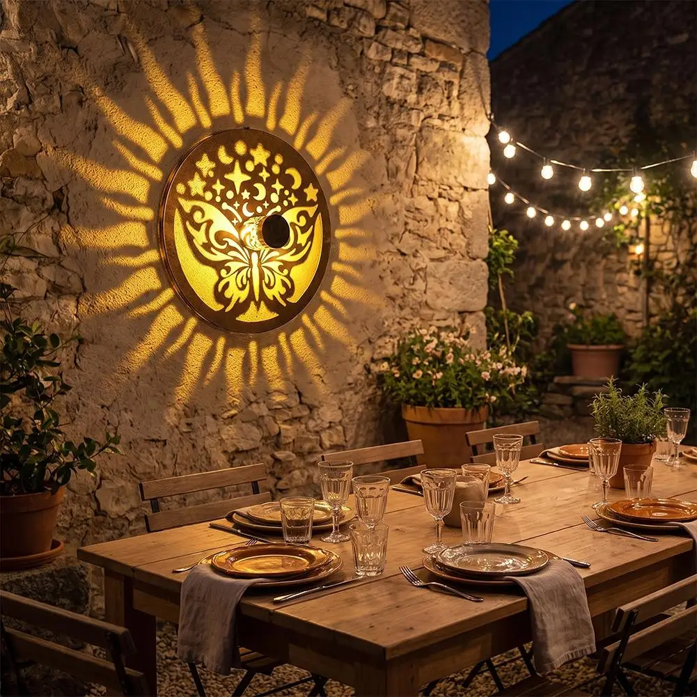 Solar‑Powered Butterfly Cutout Wall Light Iron Weather‑Resistant Projection Ambient Decor Lamp For Garden Patio Fence