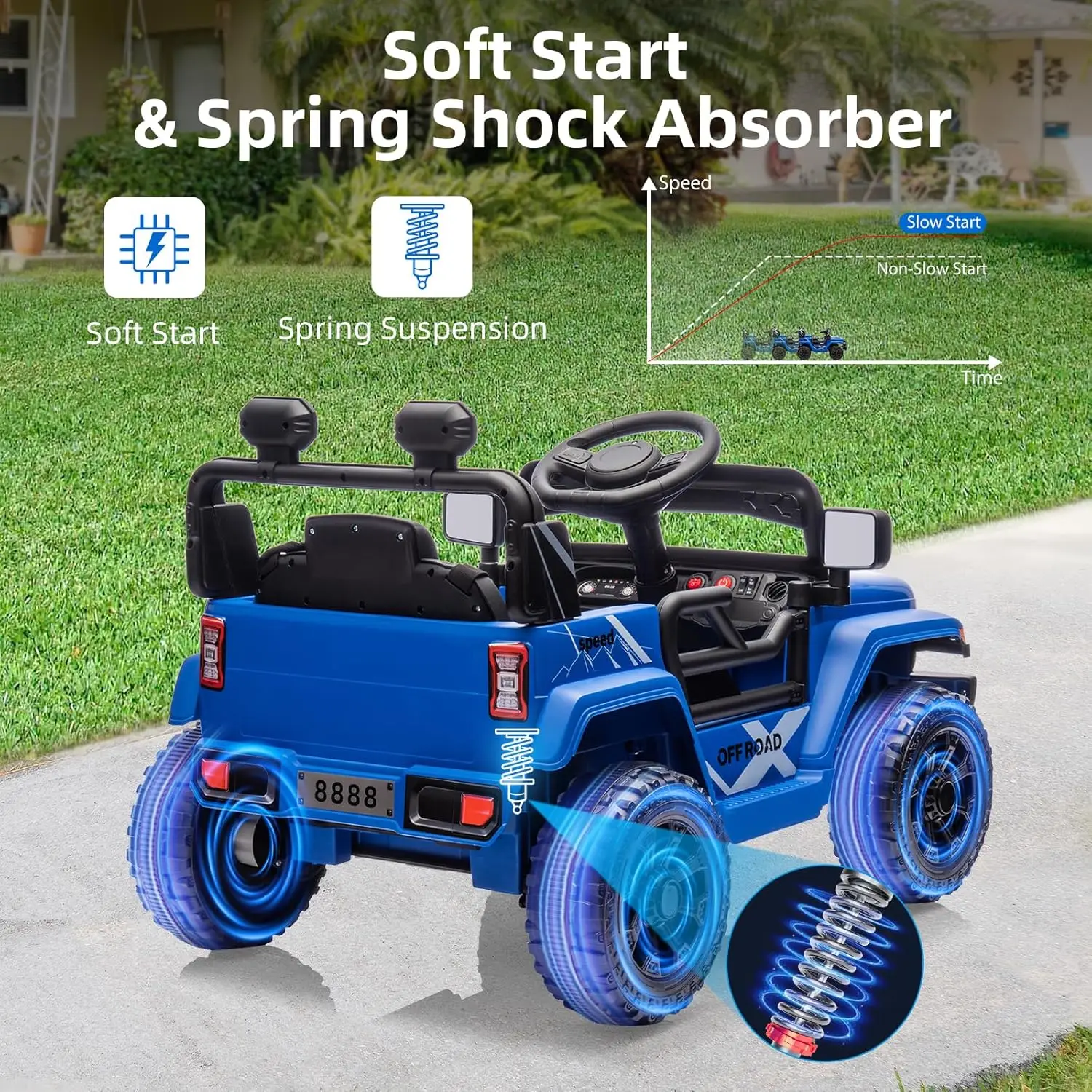 รถยนต์ไฟฟ้าสำหรับเด็กอายุ 3 ปีขึ้นไป, รถบรรทุกขับเคลื่อนด้วยแบตเตอรี่ 12 โวลต์, พวงมาลัยพร้อมเพลง, ระบบกันสะเทือนแบบสปริง 4 ล้อ, ไฟ LED, 2 ระดับความเร็ว