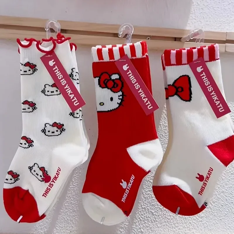 3pcs Hello Kitty Anime Sanrio Ins Kawaii Children Socks Cute Cartoon Cotton Sports Mid Tube Warm Stocking Gifts for Kids