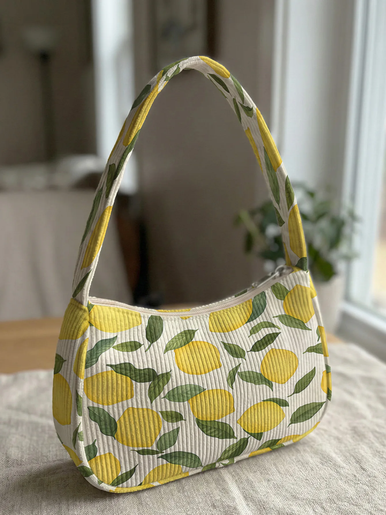 Trendy Lemon Print Shoulder Bag, Corduroy Underarm Bag for Daily Casual Use