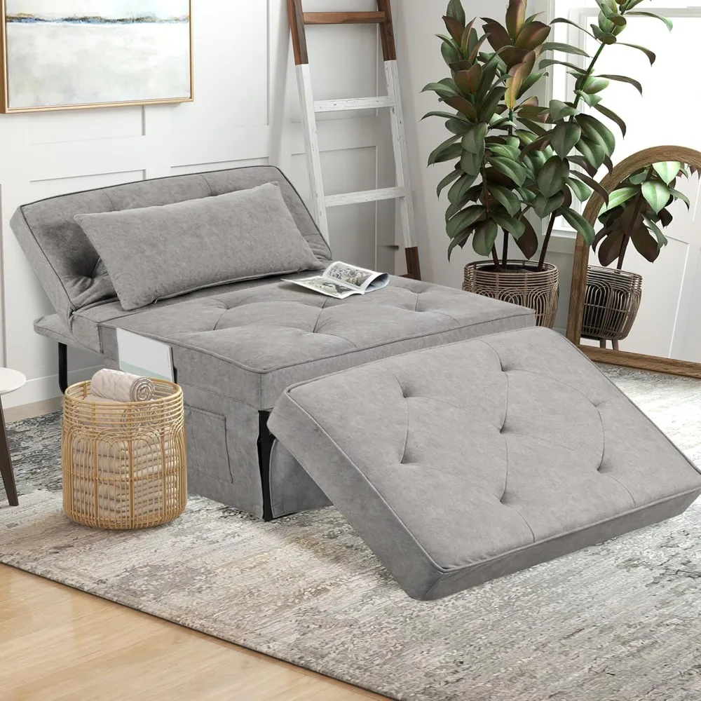 Sleeper Chair Bed, 4-in-1 Convertible Futon Ottoman Bed Sleeper, Foldable Sofa Couch with Adjustable Backrest for Guest Room/Off