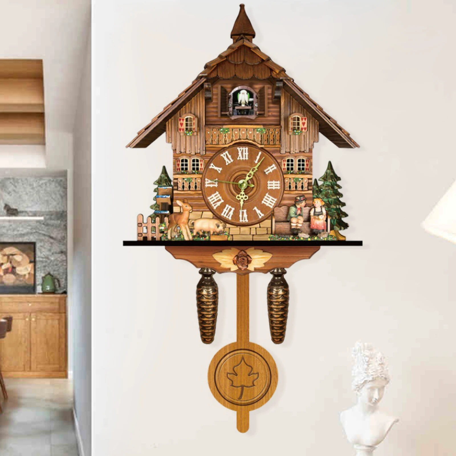 Bird Time Bell Swing Alarm Watch Imitation Wood Style With Easy-to-Read Dials Cuckoo Clock for Living Room