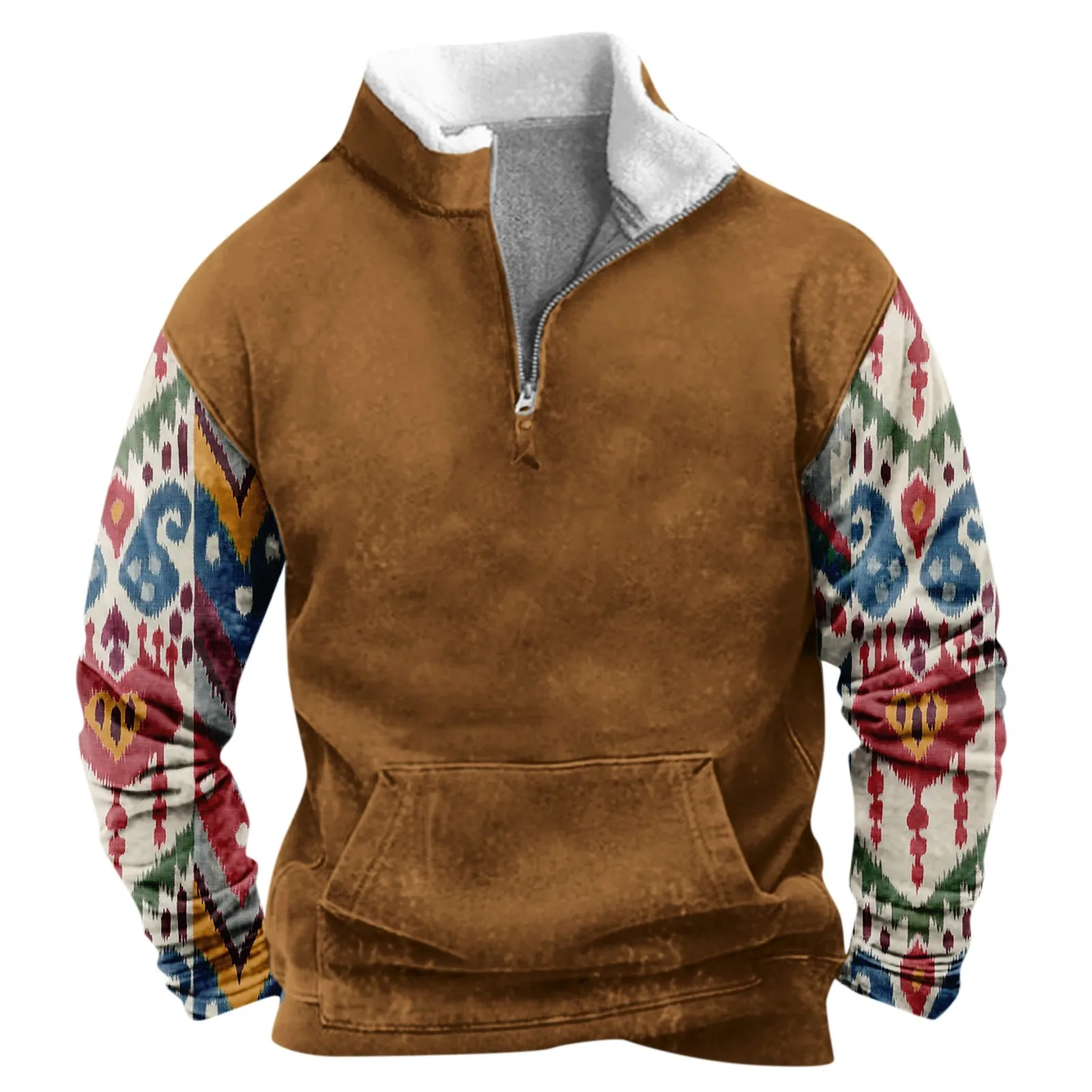 Trend Splicing Ethnic Print Sweatshirt Spring Fall New Men'S Stand Collar Zipper Pullovers With Fur Collar Casual Pocket Tops