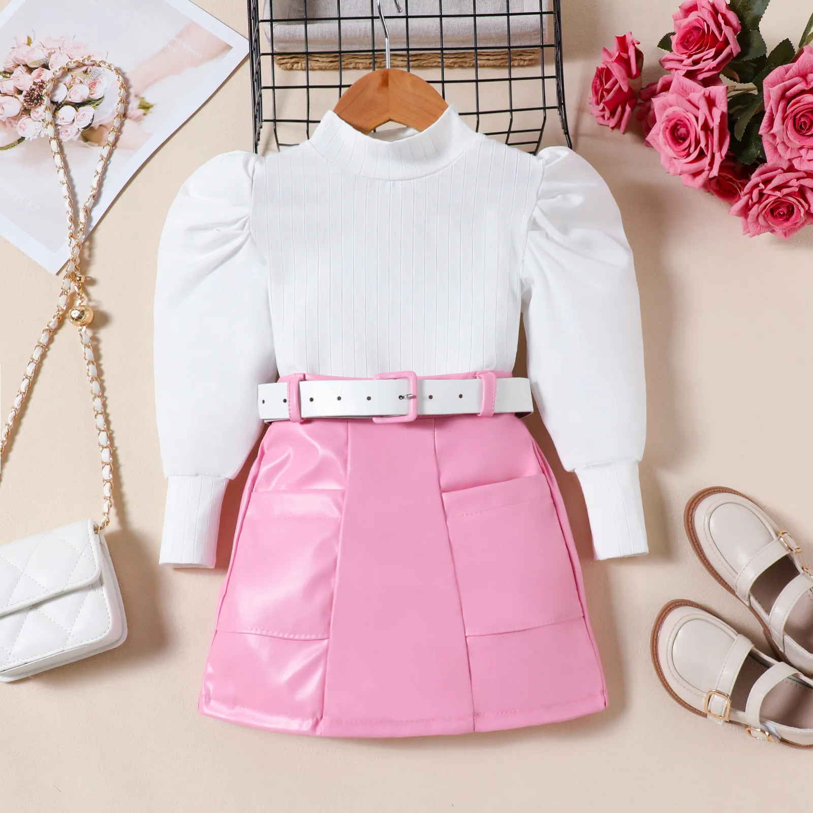 3pcs/set Children\'s Clothing for Baby Girls Fashion Autumn New Suit Puff Sleeve Top+PU Leather Skirt Dress+Belt Kids Clothes