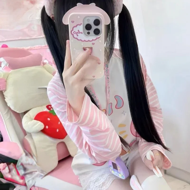 Japanese Sweet Patchwork Pink Stripe Casual T-shirt Women Cartoon Printing Harajuku Tops Grunge Kawaii Cute Y2k Aesthetic Tshirt