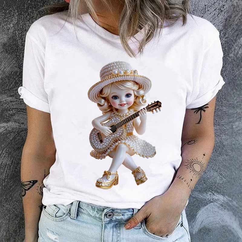 Cotton 100% Pearl Doll Playing Guitar Graphic Women T-Shirt Cute Vintage Country Music Lover Casual Short Sleeve Tee