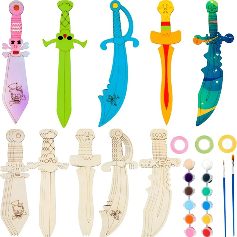 5/10pcs Wooden Swords Set Unfinished Pirates Wooden Painting Props Halloween Art Activity Cosplay Supplies for Kids Birthday