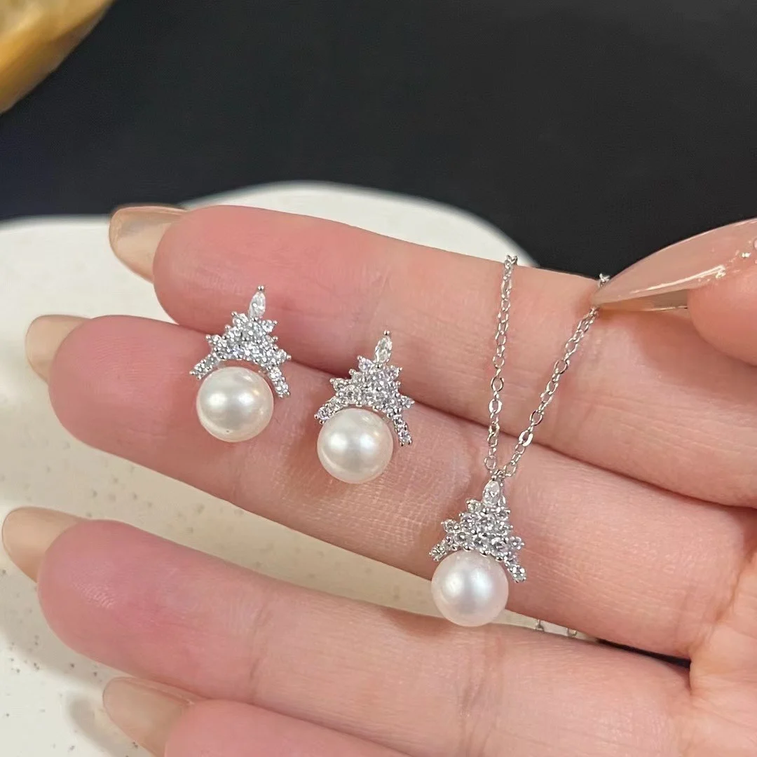 

Natural Pearl AAA8-9mm Japanese White Pearl Pendant 18inch+Earrings 925s Set