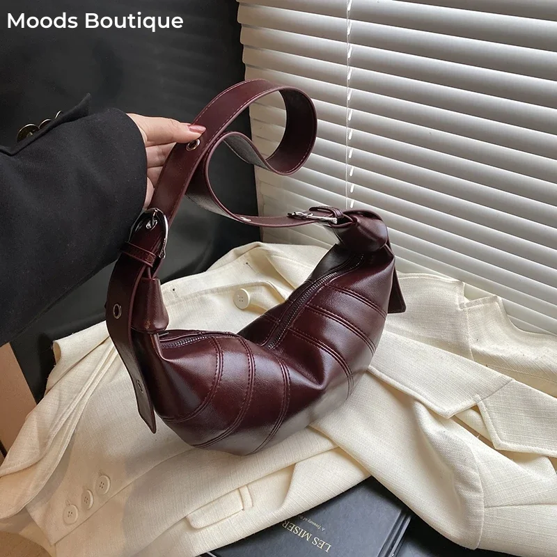 

Burgundy Croissant Shoulder Bags For Women Vintage Solid Color Crescent Cross Body Bag 2024 Brand New Luxury Designer Handbags
