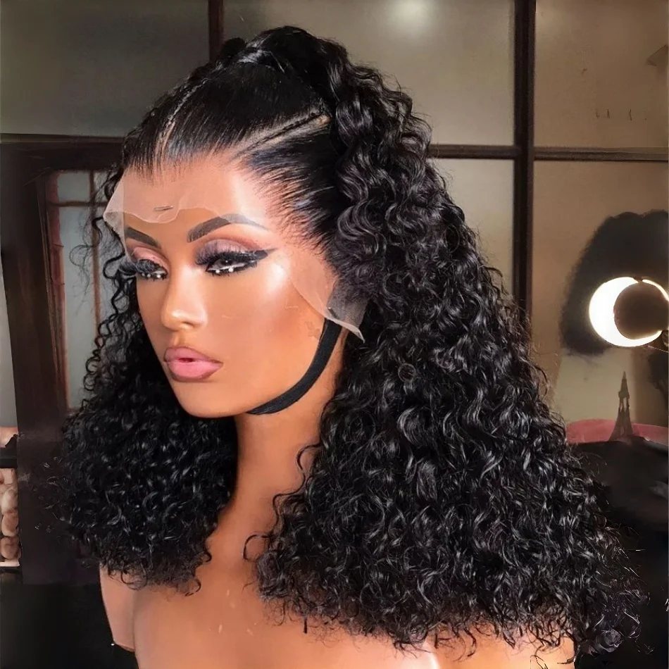 

Парик из натуральных волос Deep Water Wave Curly Bob, натуральный черный, с глубокой волной, 4x4, 5x5, HD кружевной фронт, 13x4, прозрачный кружевной парик