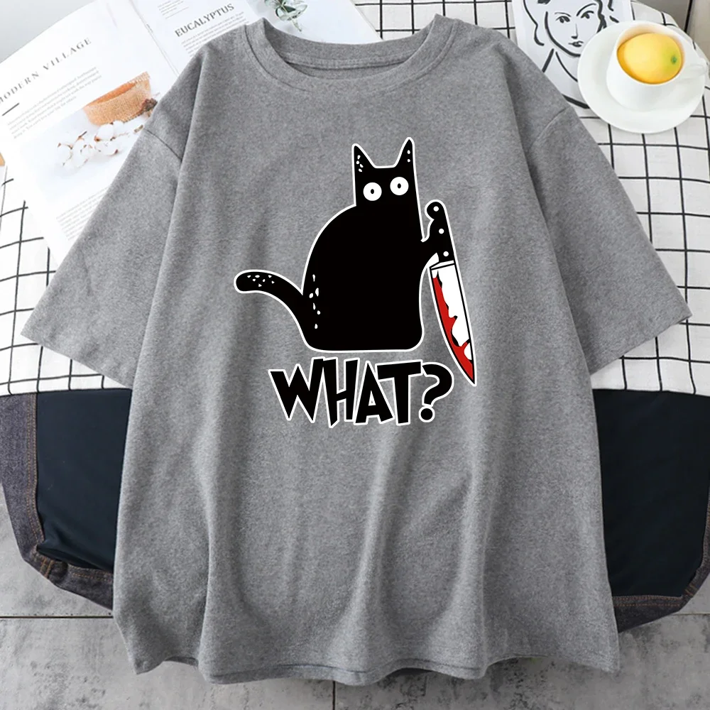 Killer Black Cat What Surprise Print Men\'s 100% Cotton T-shirt Creative Funny Top Oversized Full Math Vintage Short Sleeve Men