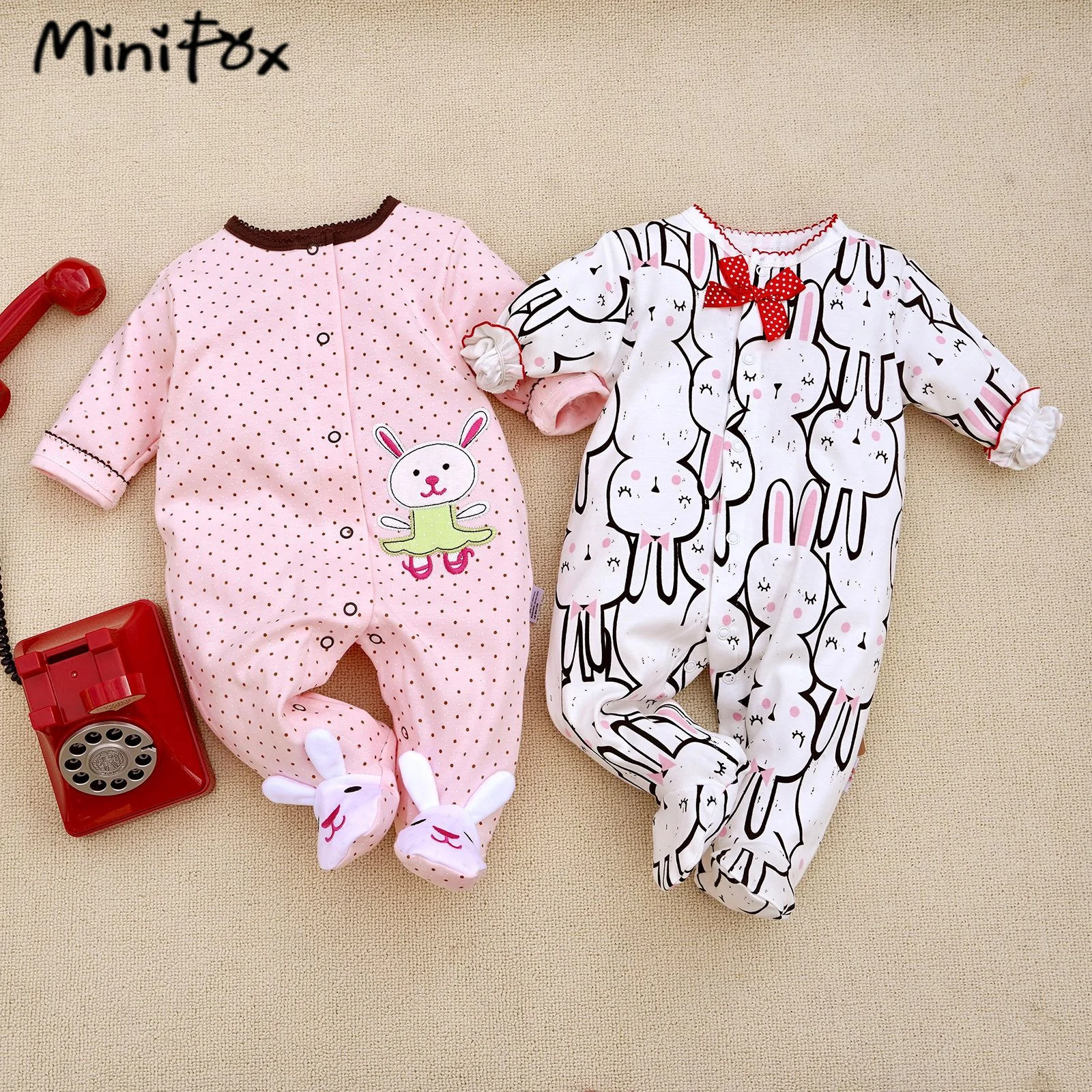 MiniFox 여아용 100% 코튼 롬퍼 점프수트, 부드러운 신생아, 토끼, 암소, 동물 프린트, 유아 바디 수트 