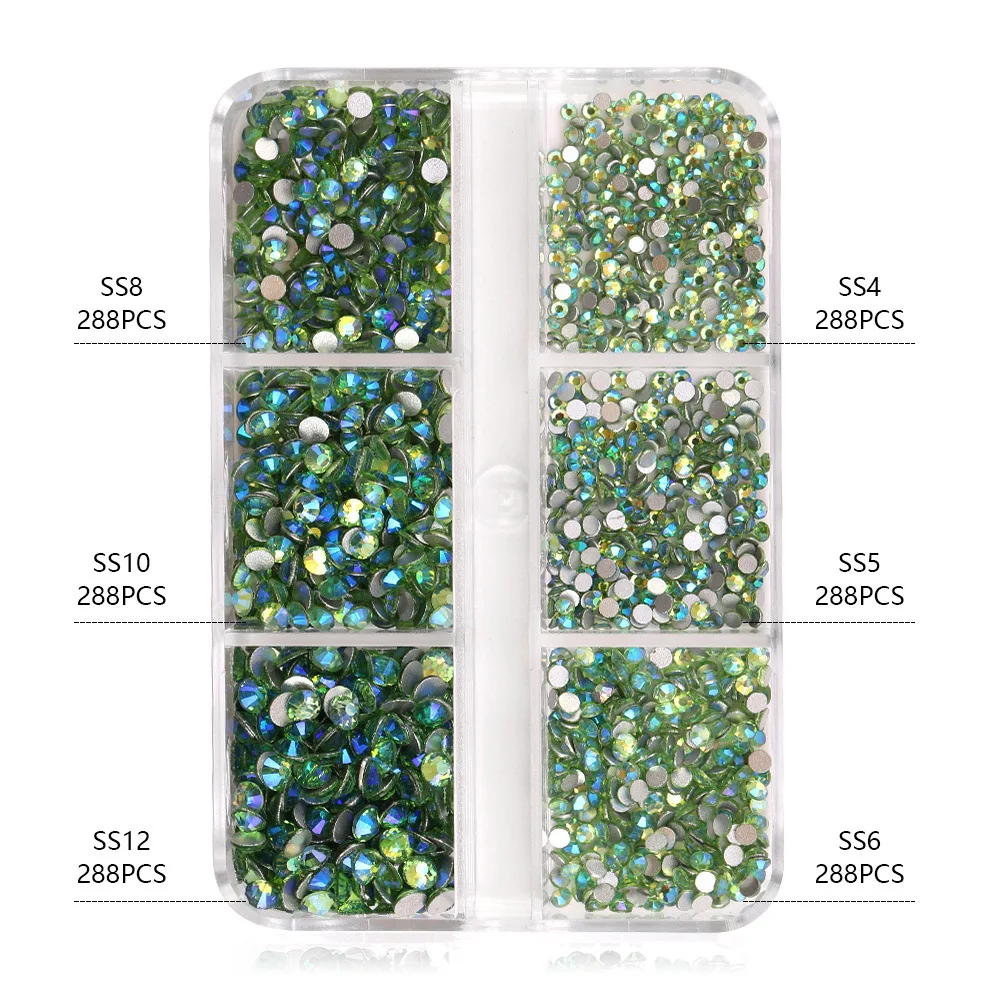 Light Green AB 6 Grids Round Glitter Nail Accessories Rhinestones Small Nail Art Supplies and Decorations Gems Bulk Wholesale