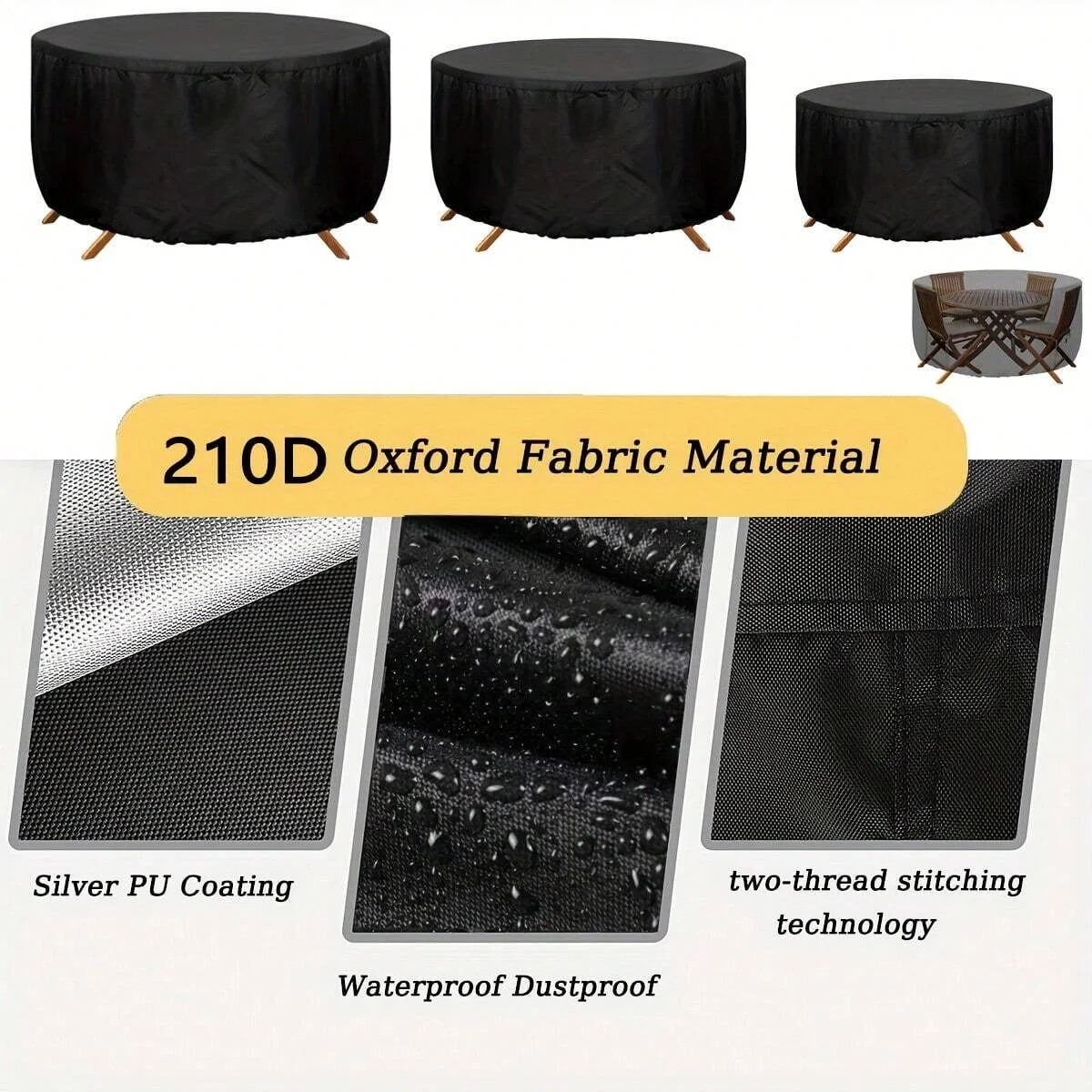 Waterproof Round Patio Furniture Cover - UV & Wind Resistant, Dustproof Outdoor Table and Chair Set Protector, Black, Rain, Snow
