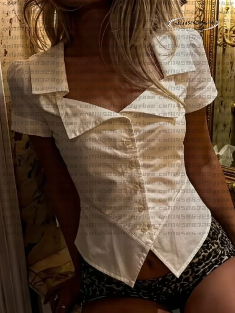 Lady's Y2K white fitted shirt with collarless design minimalist high street style irregular pointed hem retro 90s streetwear