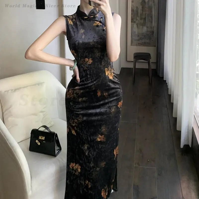 

Retro Print Flower Long Cheongsam Tradition Chinese Dress Women Sexy Improved Slim Velvet Qipao Vestidos Stage Show Costume