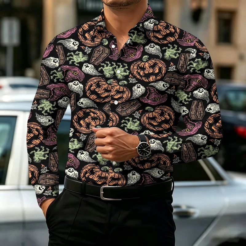 Halloween Men's Letter Printed Bloodstain Shirt Button up Shirt Long Sleeved Dark punk gothic Streetwear Men's High-Quality Top
