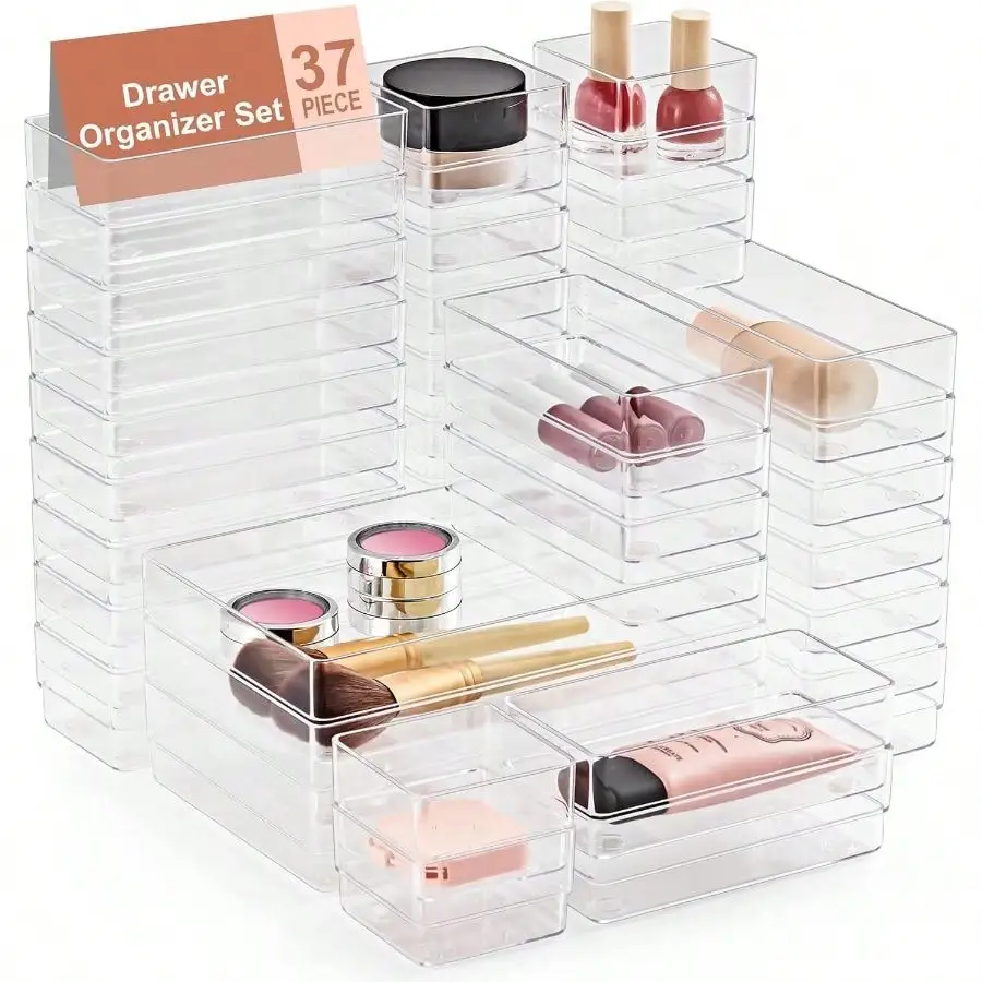 37-Piece Drawer Organizer With Non-Slip Silicone Pads, 4-Size Desk Drawer Organizer Trays Storage Tray Makeup, Jewelries, Utensils In Bedroom Dresser, Office And Kitchen (