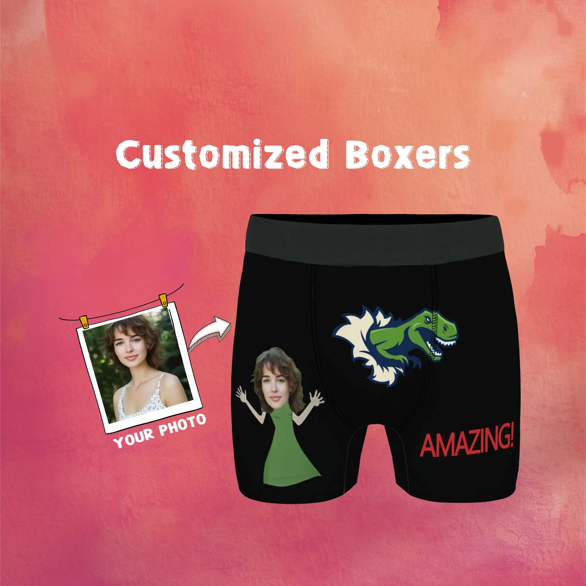 

Dinosaur Custom Face Men's Boxer Briefs Portrait Pattern Personalized for Husband Ideal for Valentine's Day or Anniversary Gifts