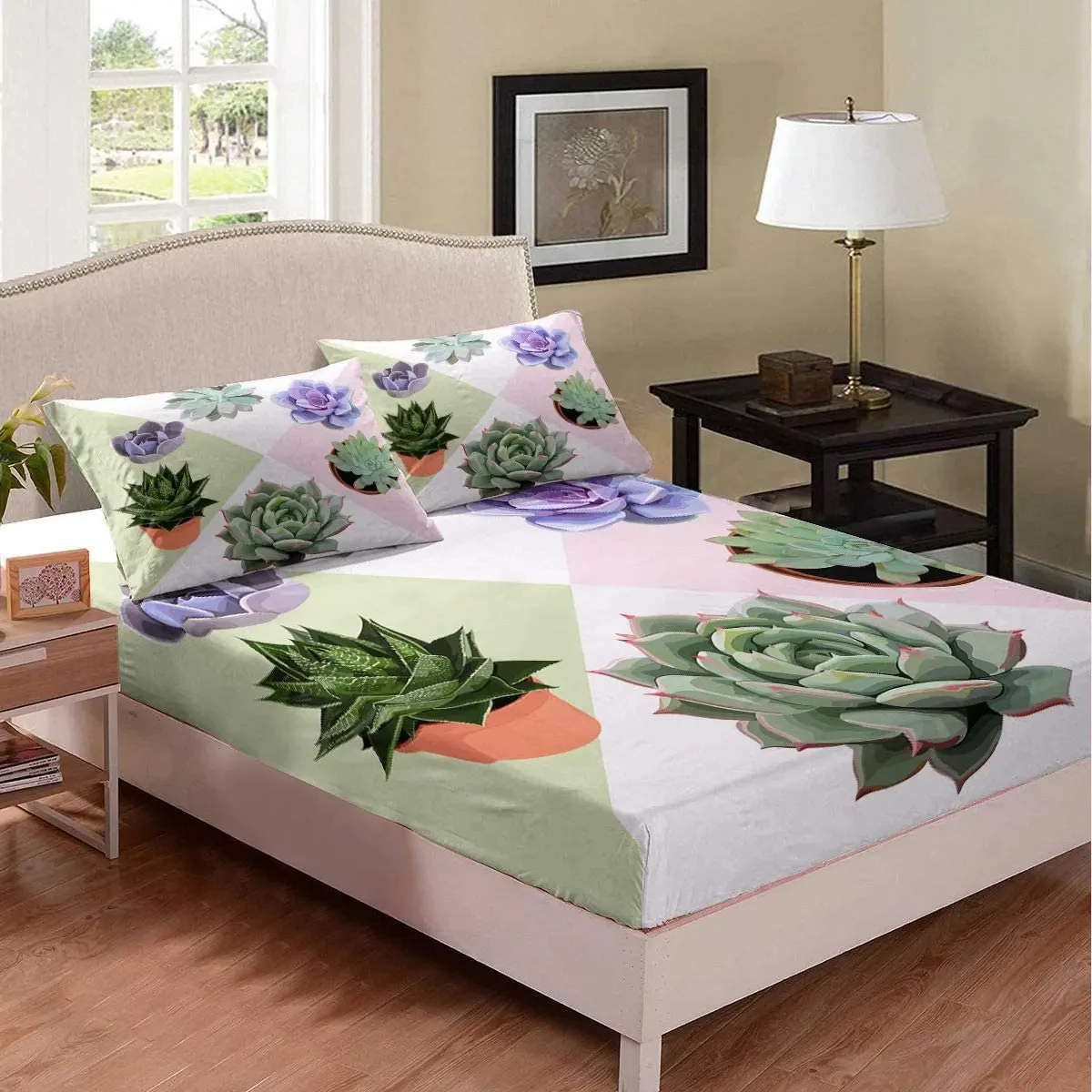 Succulents Fitted Sheet for Kids Teen Women Petal Potted Plants Bedding Set Floral Watercolour Bedclothes King Queen Full Size
