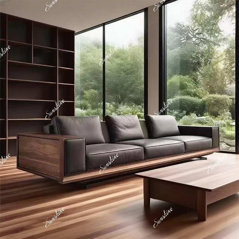 

Straight row high-end villa large flat-floor living room three-person solid wood sofa small apartment