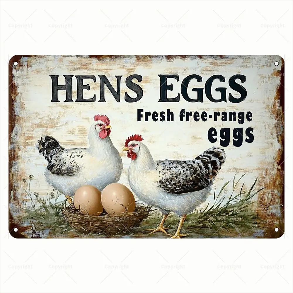 Vintage Tin Sign - Hens Eggs Free-Range Eggs with Nest and Chickens Retro Metal Sign - Decorative Tin Sign for Egg Collectors -