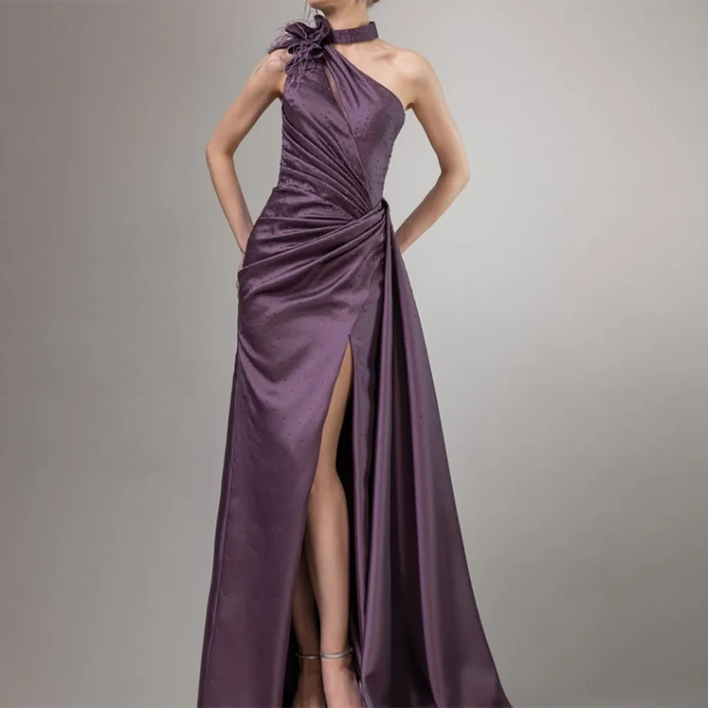 

Customized Halter Evening Dresses Sleeveless Side High Slit Beading Pleat Backless mermaid Prom Gown Sweep Trian Party Dress