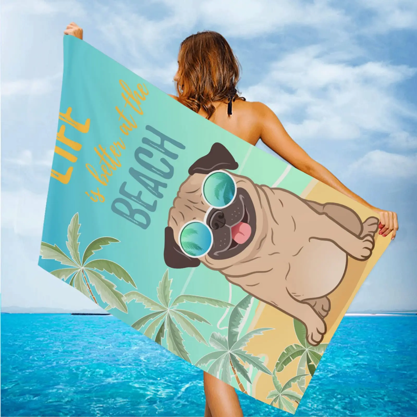 

Cartoon Cute Pug Beach Towels Microfiber Quick Dry Sports Towel Sea Surf Poncho Home Decor Travel Camping Women Kids Men Gifts