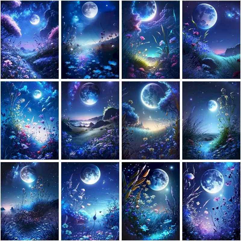 

CHENISTORY Picture By Number Moon Scenery DIY Frame Painting By Numbers Flowers On Canvas For Adults Home Decoration Gift