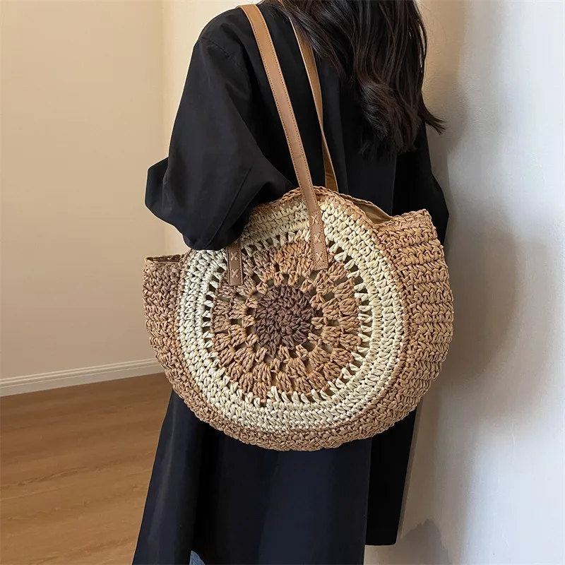 Ladies Bags on Sale 2023Fashion Autumn Circle High-capacity Beach Resort Style By The Seaside Hollow Out Patchwork Shoulder Bags