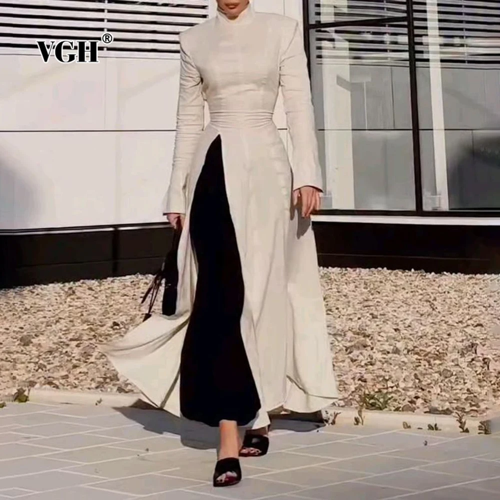 

VGH Minimalist Slimming Party Dress for Women Stand Collar Long Sleeve High Waist Split Temperament Long Dresses Female Clothing