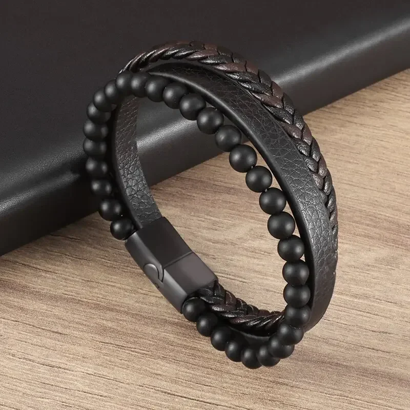 Pulsera Punk Vintage tejida a mano de tres capas de cuero con cuentas negras, pulsera magnética con cierre, joyería para eventos de negocios