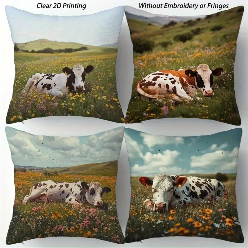 4pcs Pillowcase Set Cow Meadow Print Throw Pillow Case Farm Rustic Animal Decor Nature Bedding Keepsake Gift Home Accent