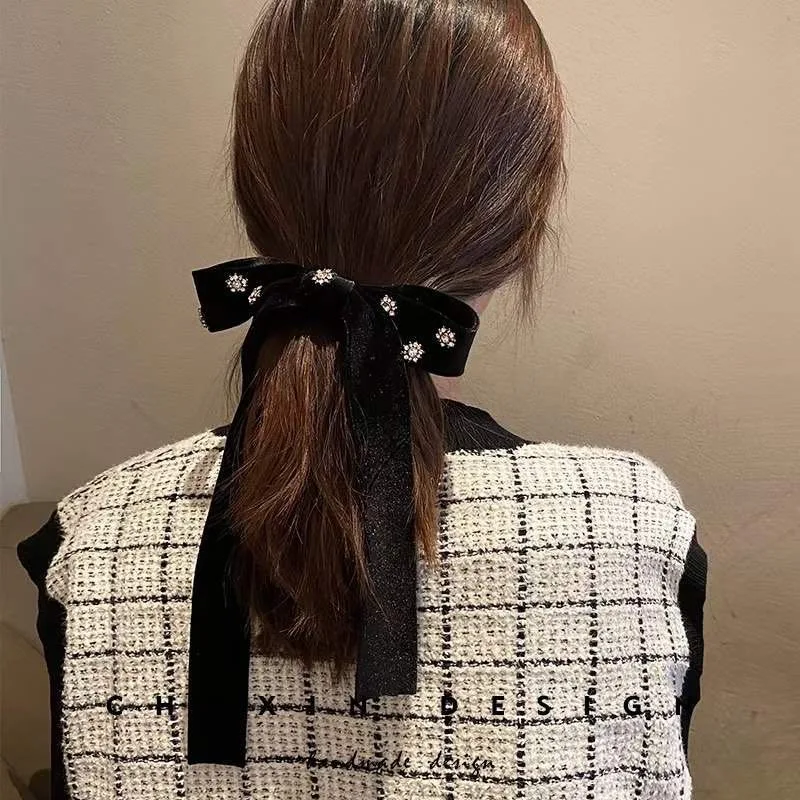 Korean elegant black rhinestone velvet big bow top clip back head hairpin spring clip female